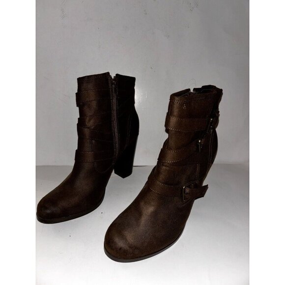 Just Fab Brianne Faux Leather Chunky Heel Ankle Brown Bootie Women 11M Pull On - Picture 2 of 9